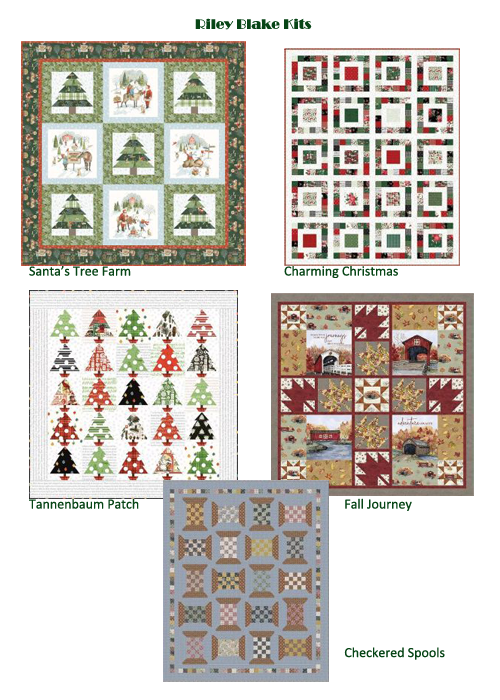 Five Riley Blake Quilt kits including Santa's Tree Farm, Charming christmas, Tannenbaum Patch, Fall Journey, and Checkered Spools
