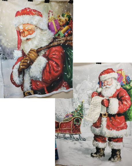 Two quilt panels with Santa on them. One with Santa holding a bag of gifts and the other with Santa checking his list.